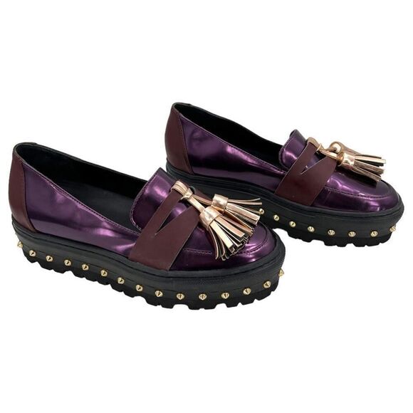 GreyMer Purple Patent Leather Gold Tassel Studded Platform Penny Loafer Sz 5 - Picture 1 of 12